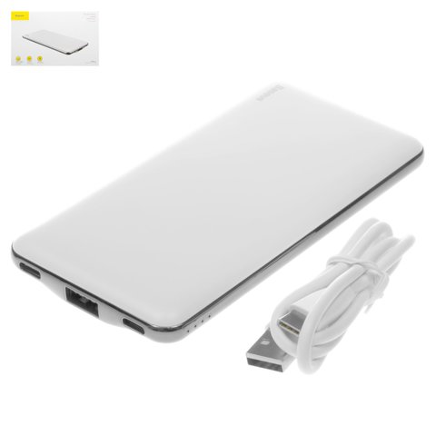 Power bank Baseus M21, 10000 мАч, USB выход 5В 2,1A, USB тип C вход 5В 2,4А, Type C выход 5В 3А, Lightning для Apple вход 5В 1,5А, 128 × 65 × 13 мм, белый, #PPALL QB02