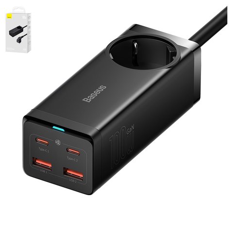 Сетевое зарядное устройство Baseus GaN3 Pro Desktop, 100 Вт, Quick Charge, черный, с розеткой, c кабелем USB тип C к USB тип C, 4 порта, 1,5 м, #PSZM000401