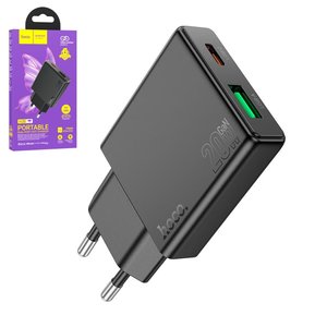 Сетевое зарядное устройство Hoco N38, 20 Вт, Quick Charge, Power Delivery PD , черный, 2 порта, #6942007610100