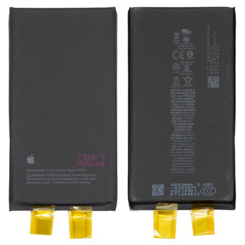 Battery compatible with iPhone 15 Plus, Li ion, 3.867 V, 4650 mAh, without a controller, High Capacity, A3039  