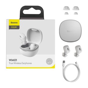 Headphone Baseus WM01, wireless, vacuum, white, with charging case, with USB cable Type C  #NGTW370002 NGTW240002 NGWM01 02