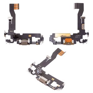 Шлейф для iPhone 12, iPhone 12 Pro, коннектора зарядки, золотистый, с микрофоном, с компонентами, Original PRC 