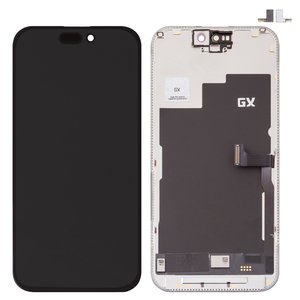 Дисплей для iPhone 15 Pro, черный, с рамкой, HC, без микросхемы, AMOLED , GX OEM soft, 120Hz