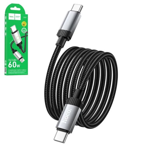 USB кабель Hoco X117, 2xUSB тип C, 100 см, 60 Вт, чорний, з індикатором, в нейлоновому обплетенні, #6942007652582