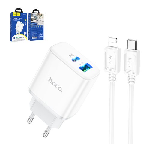 Сетевое зарядное устройство Hoco C105A, 20 Вт, Power Delivery PD , 220 В, белый, c кабелем USB тип C к Lightning для Apple, 2 порта, #6931474782939